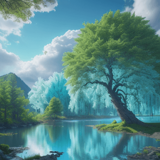 AI generated: epic trees in the background, clouds bright, trees green. Day. sun bright. lake blue crystal. Colorf...