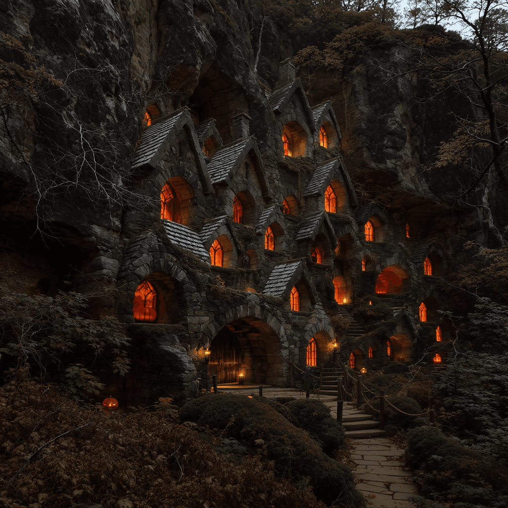 AI generated: An ancient village carved into a forest cliffside, where each home glows with candlelight and pumpki...