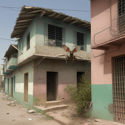 AI generated: 
guetto poor architecture /style with giant threes environnement / with giant insect and poor popula...