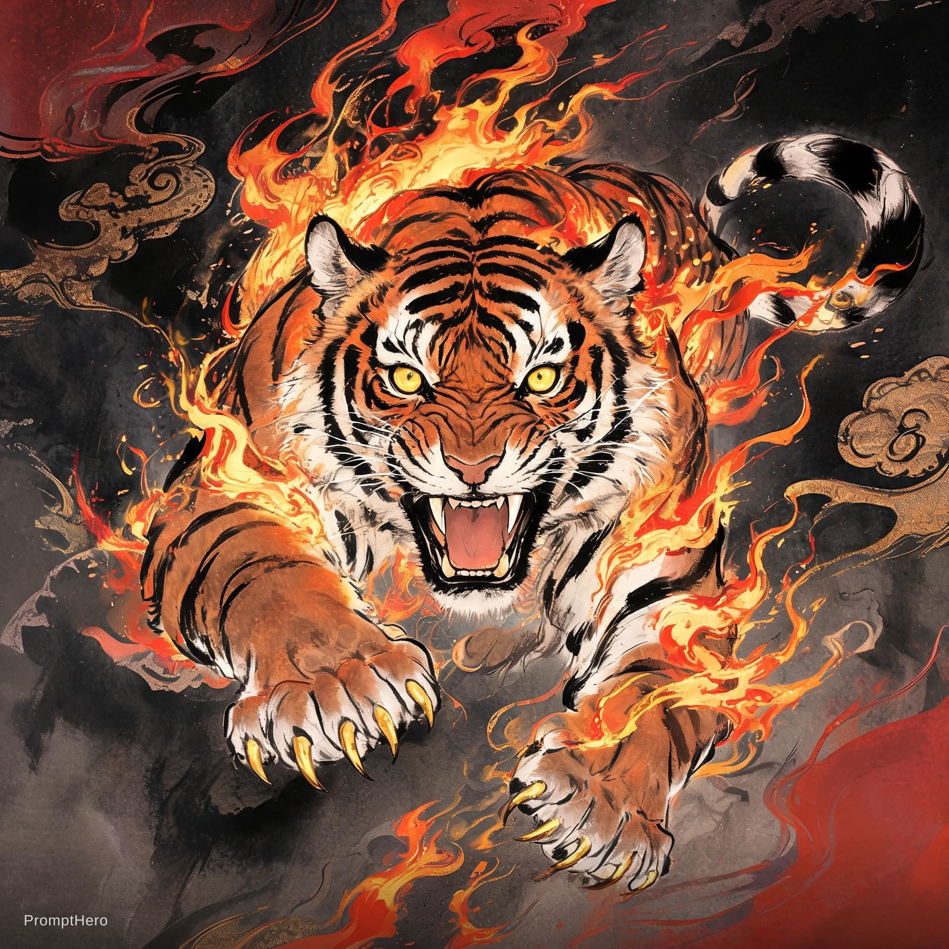 AI generated: Chinese ink wash art style, a ferocious tiger with flames engulfing its form, lunging toward the vie...