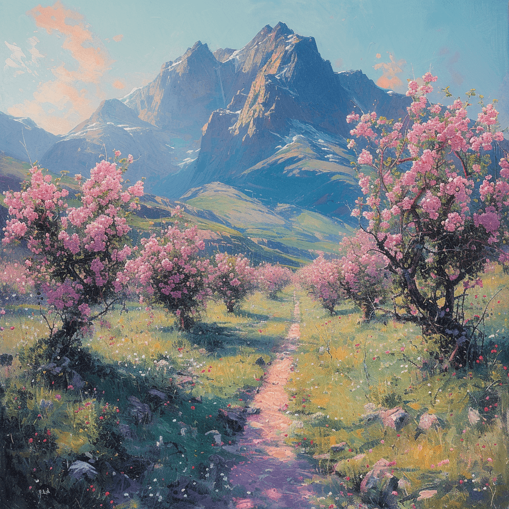 AI generated: An impressionistic design, mountain, peach trees, dreamlike atmosphere, shaded by soft pastel natura...