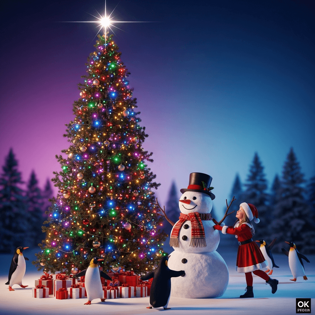 AI generated: Tall live Christmas tree lit up in full color with a brilliant Star on top, next to a  photorealisti...