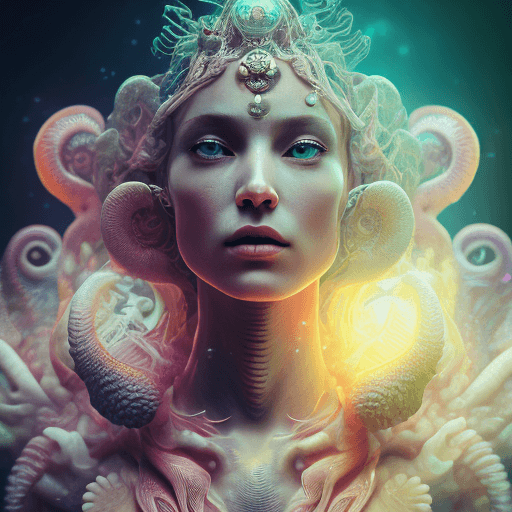 AI generated: goddess close-up portrait ribcagel. jellyfish phoenix head, nautilus, orchid, skull, betta fish, bio...
