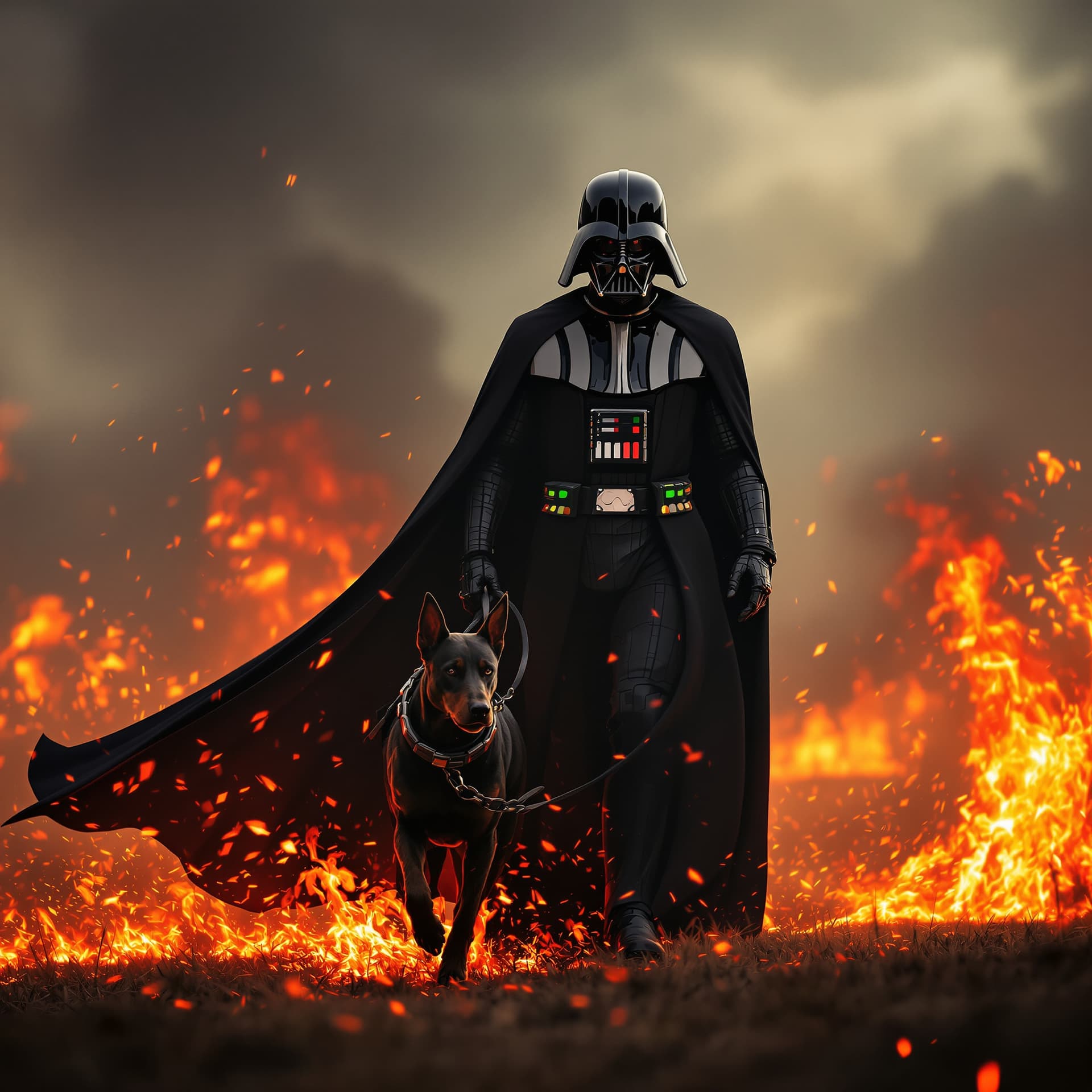 AI generated:  close up of darth Vader and his dog walking through a field of fire, marche impériale, hd star wars...