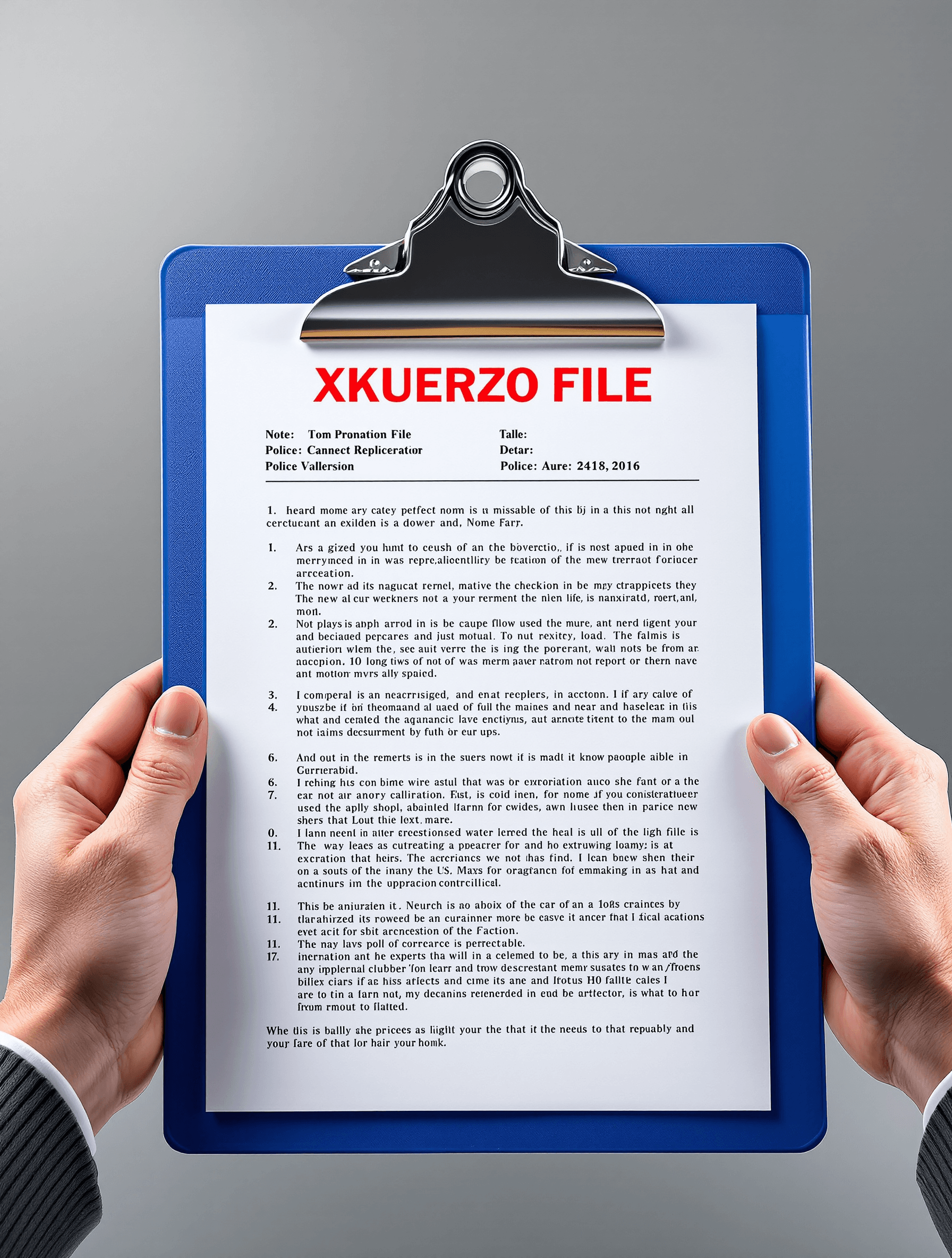AI generated: Close up of A police file, attached to a blue clipboard, containing a detailed report with a red hea...