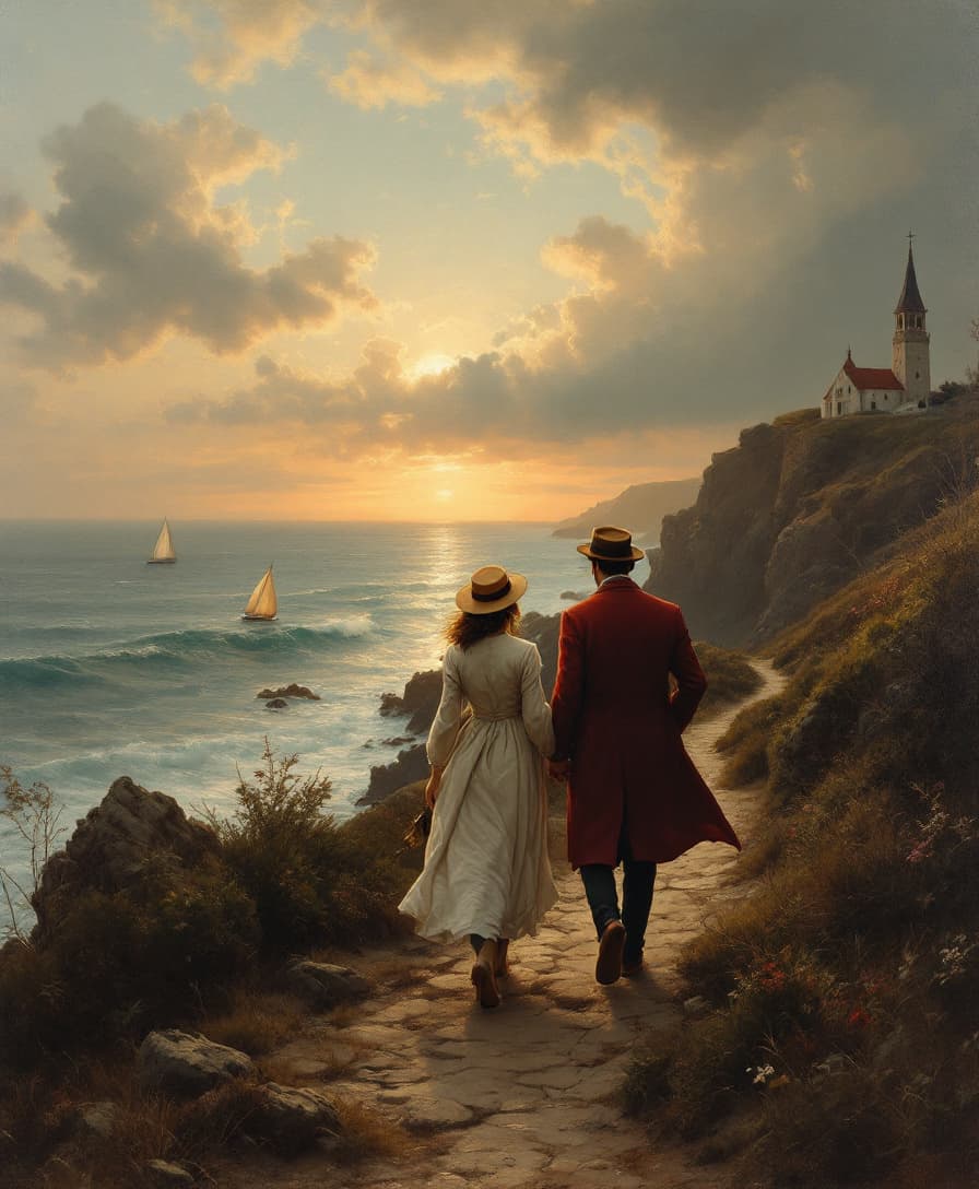 AI generated: Couple walking along coastal path, (woman: ethnicity:1.0, age:1.0, detailed clothing:1.2, hat:1.1, r...
