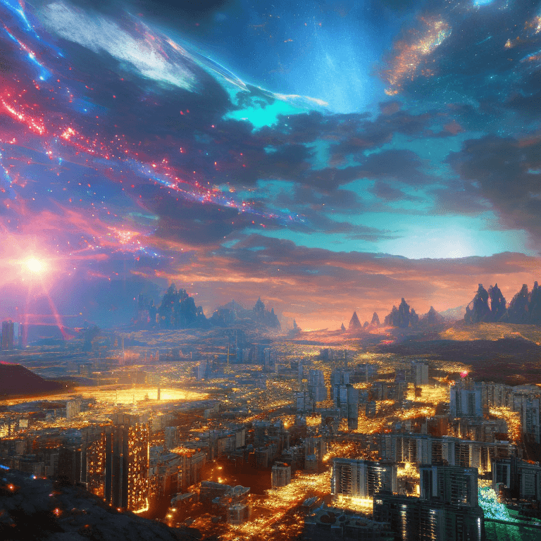 AI generated: surreal atmosphere, city, future, sci-fi, epic fantasy photo, city illuminated by a red and blue lig...