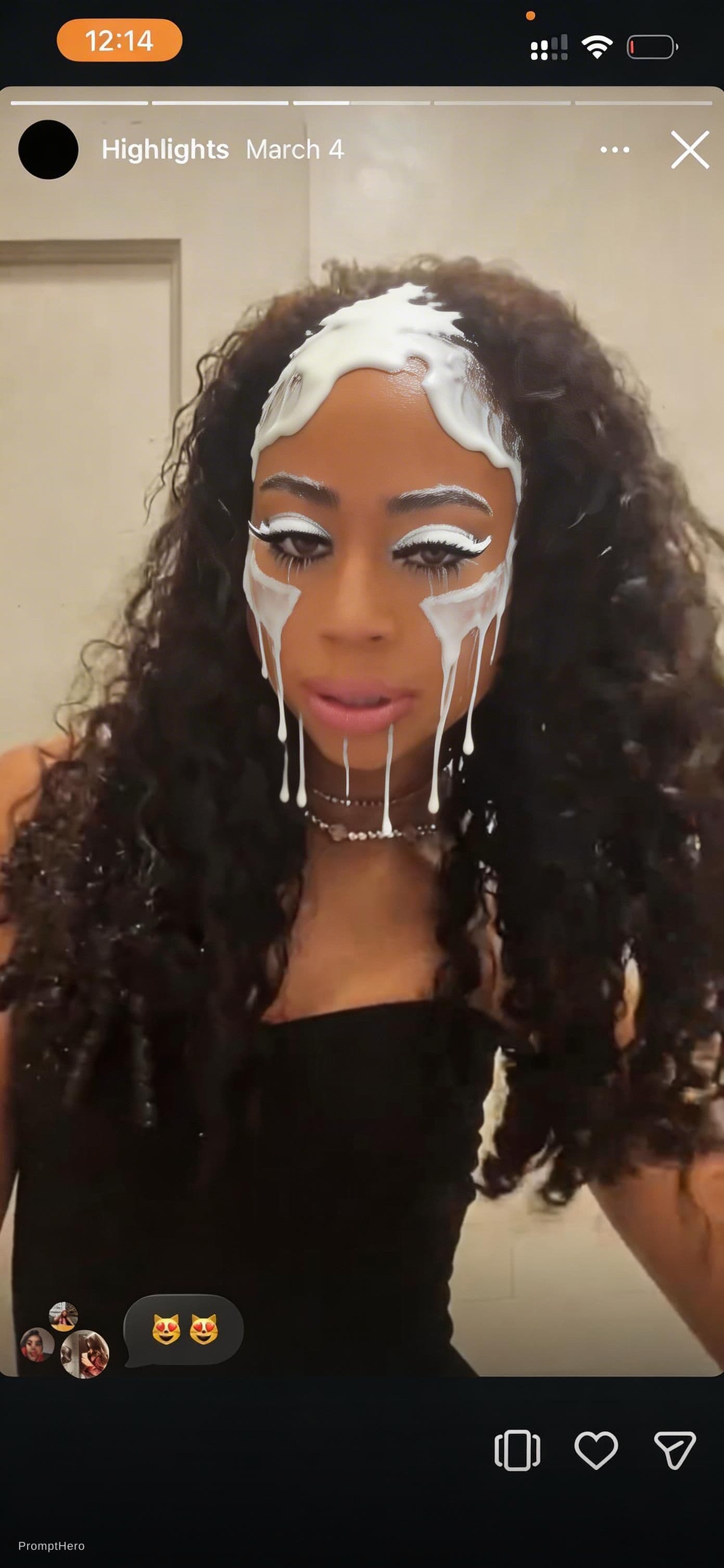 AI generated: 
A white, liquid substance is visible on her forehead, around her eyes, on her cheeks, and dripping ...