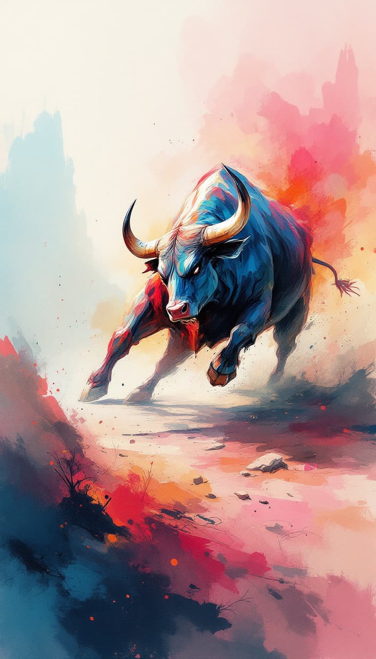 AI generated: Abstract landscape series of a fighting bull with pastel colors, aggressive charcoal drawing style, ...