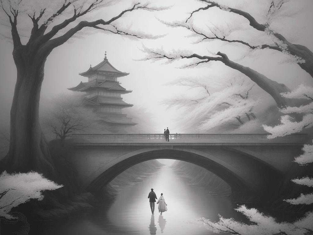 AI generated: two people walk the bridge under a large cherry blossom, in the style of atmospheric paintings, gray...