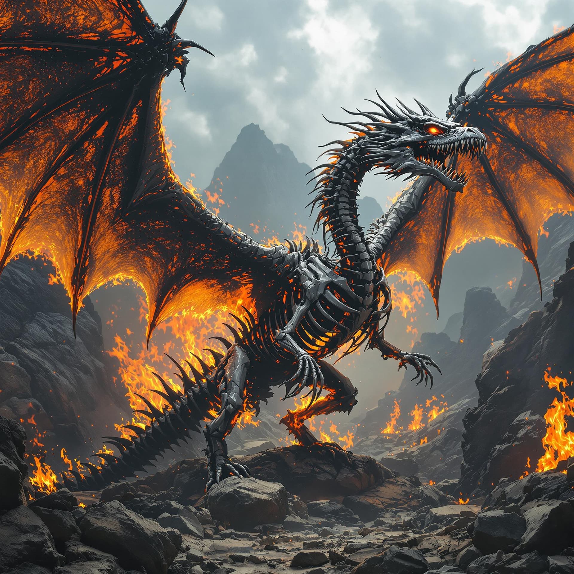 AI generated: Super realism photo, a large dragon skeleton, full body, charred bone, swooping, wings open, Fujifil...