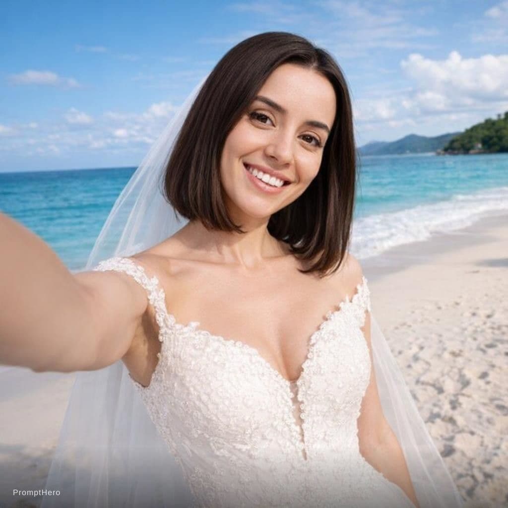 AI generated: Change the background to a beach background and change the dress to a weeding dress and showing a li...