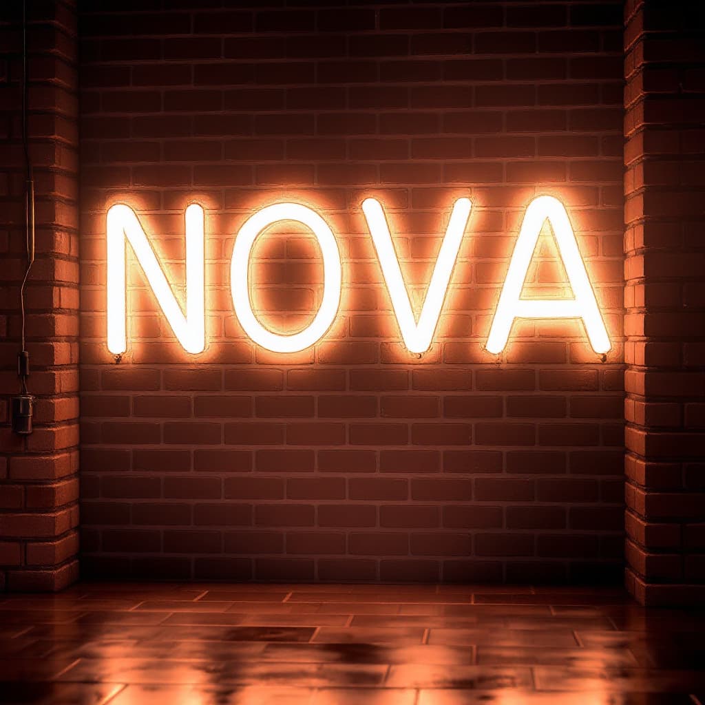 AI generated: Led tube writing in a bar with brick tiles slanted from the side with the text - NOVA