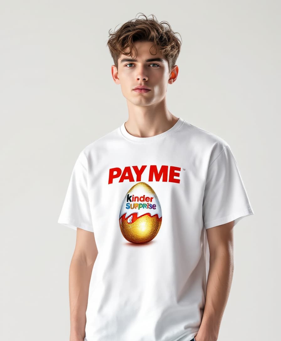 AI generated: A photorealistic fashion catalog photoshoot for the clothing brand [PAY ME]. A model wearing a moder...