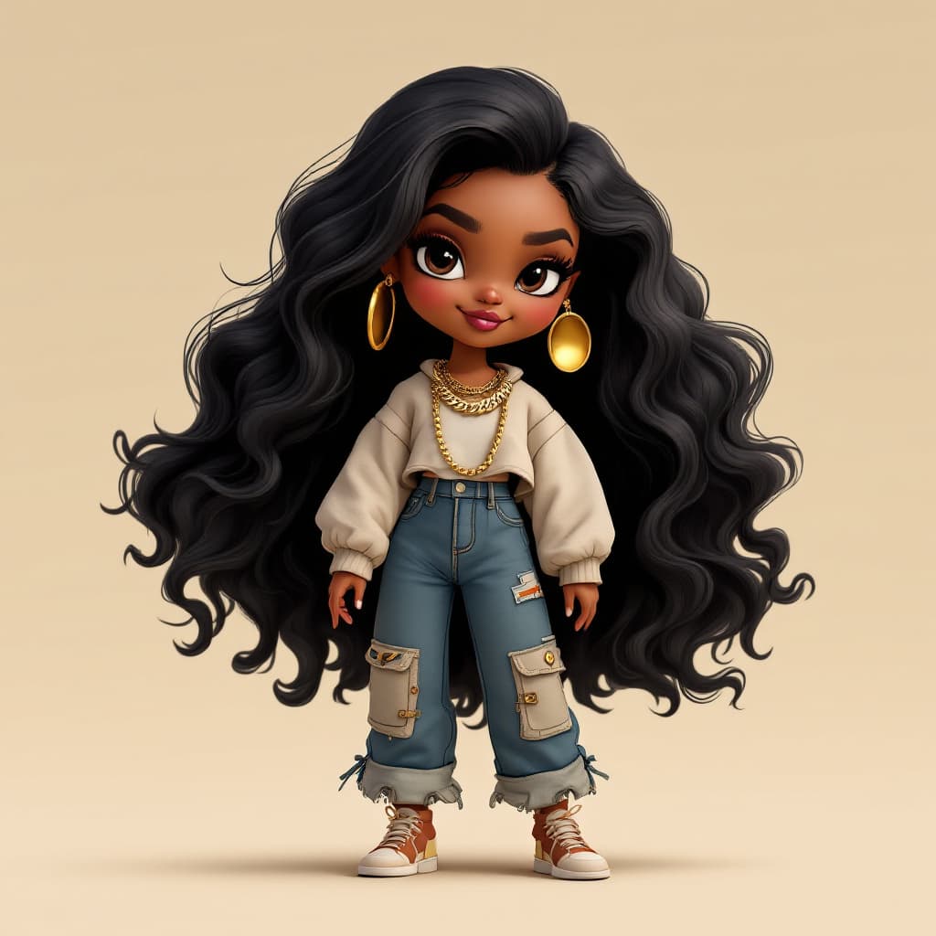 AI generated: create in the style of 3D Disney Pixar like African American curvy chibi with loving and cheerful ex...