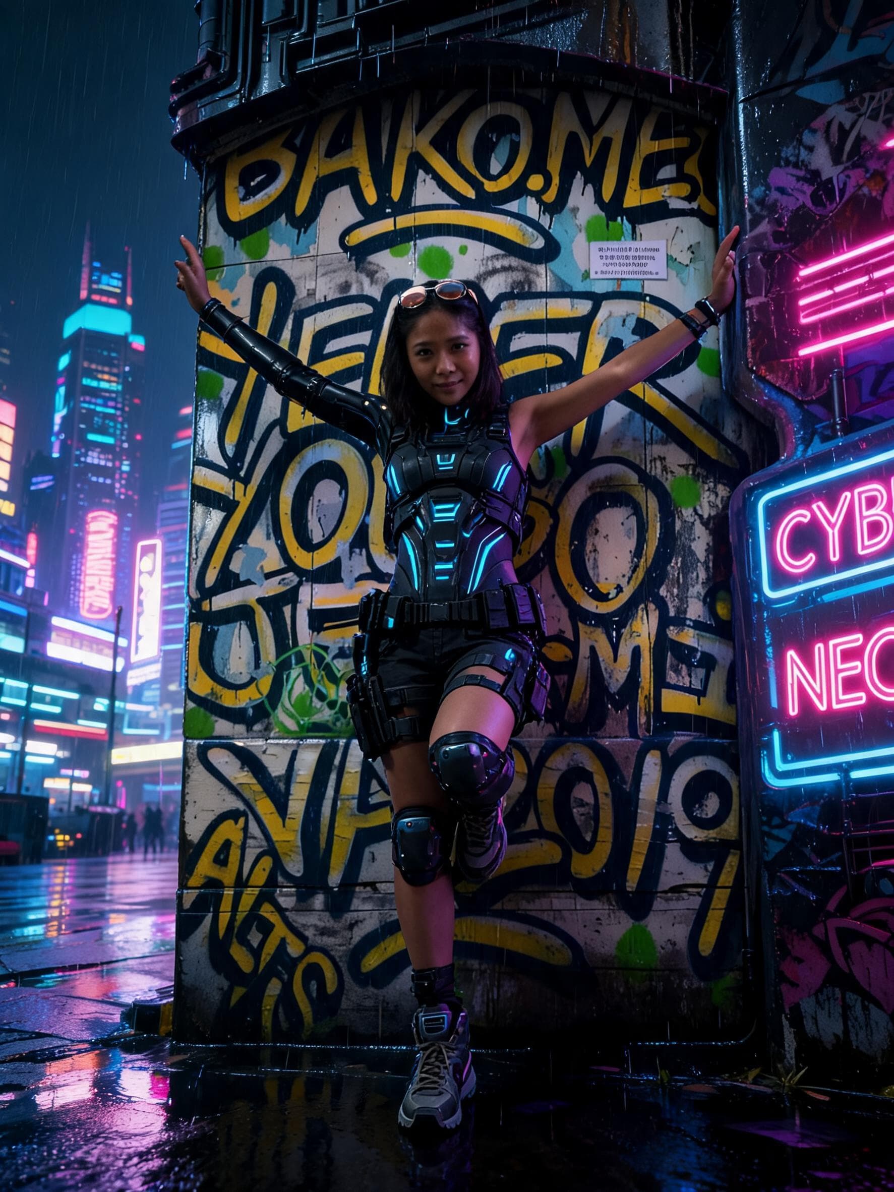 AI generated: The girl from the input photo in a cyberpunk style atmosphere. Arc Raiders outfit. Cool posing. Hi-r...
