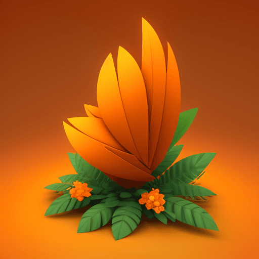 AI generated: abstract 3D shape parot, foliage and flowers incorporated, light emitting, orange background