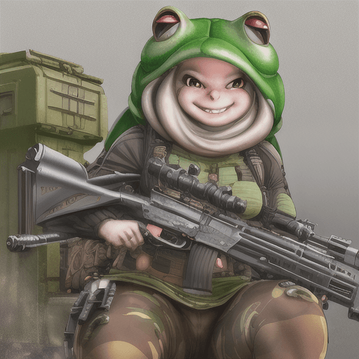 AI generated: A toad with a machine gun smiling, hyper-realistic 8K