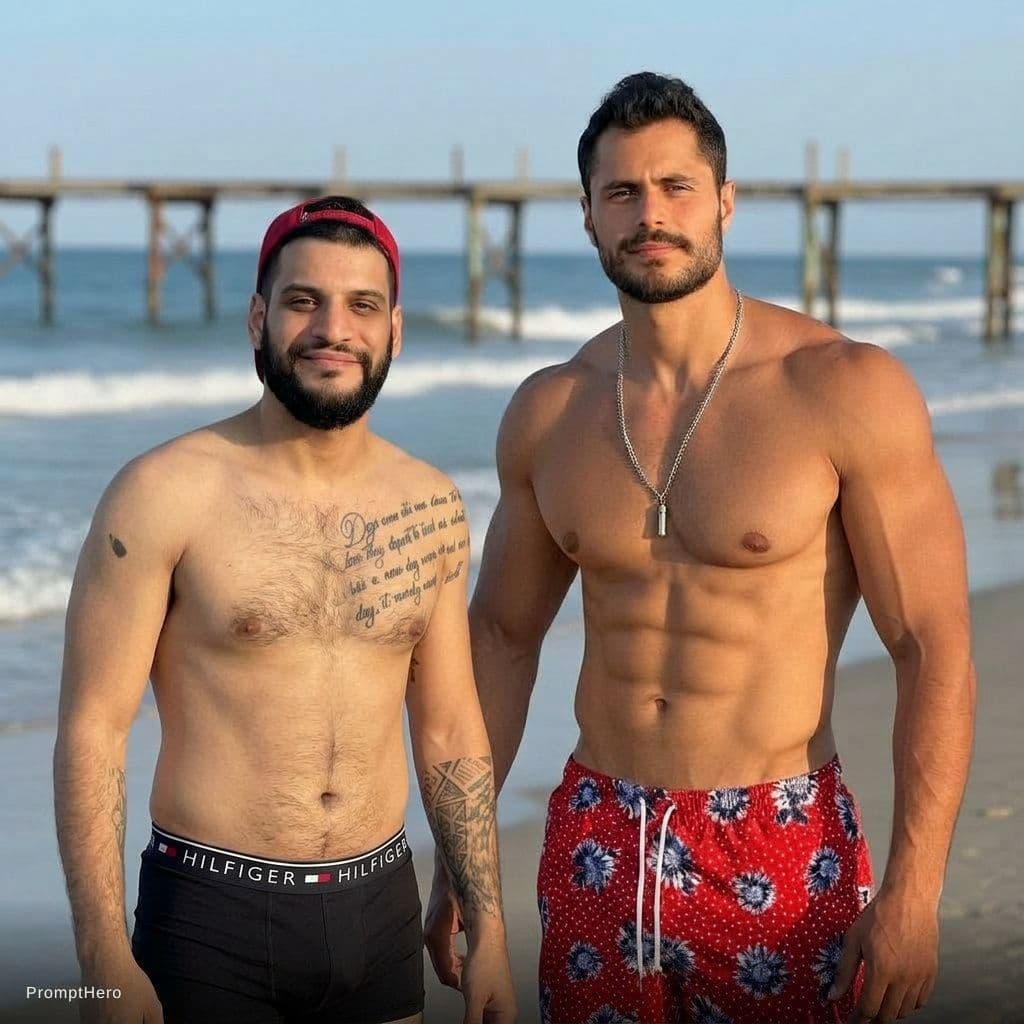 AI generated: Added me beside my friend as real photo, my friend is taller and huger than me, don’t change anythin...