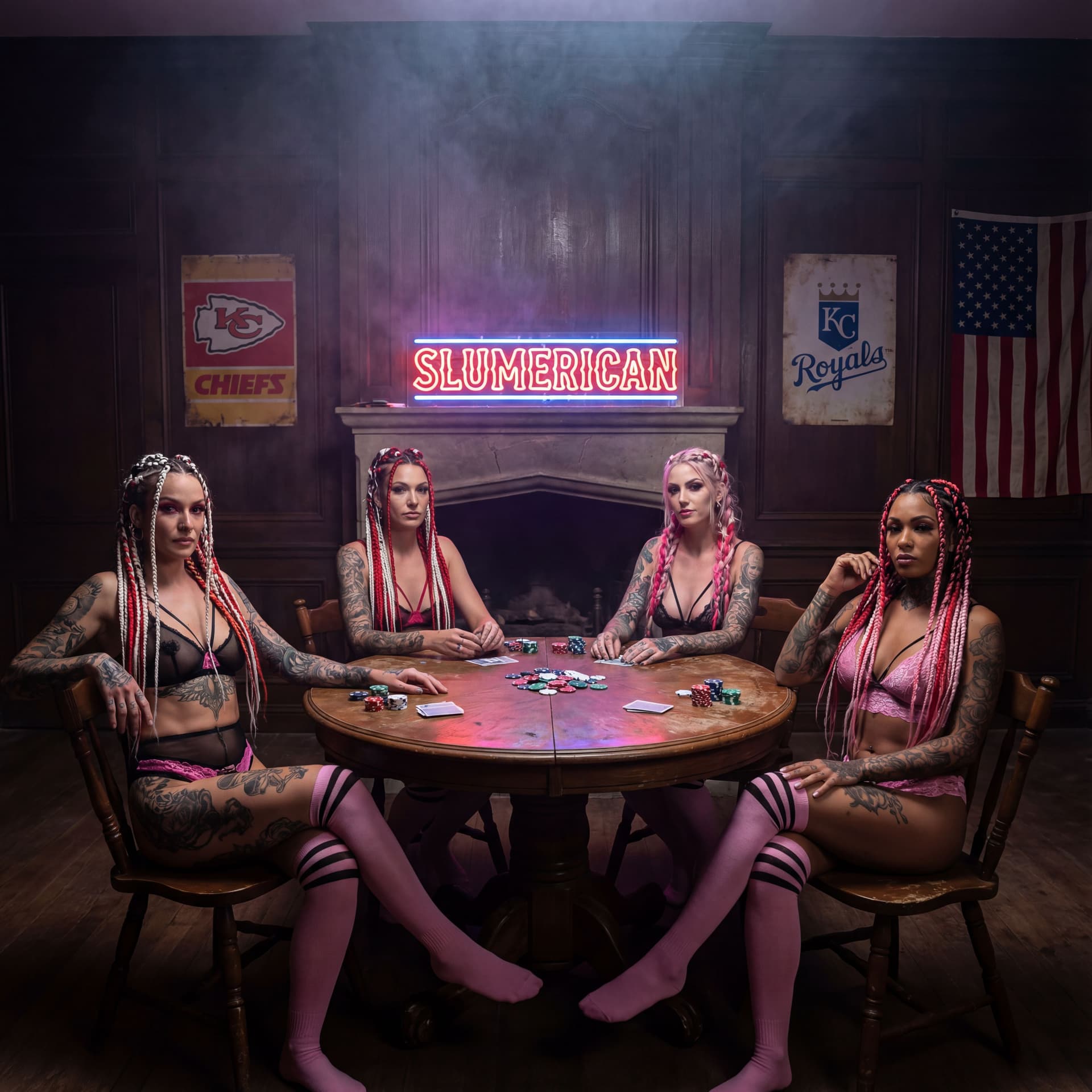 AI generated: A realistic, low-wide angle photograph of four gorgeous female models sitting in chairs around a cir...