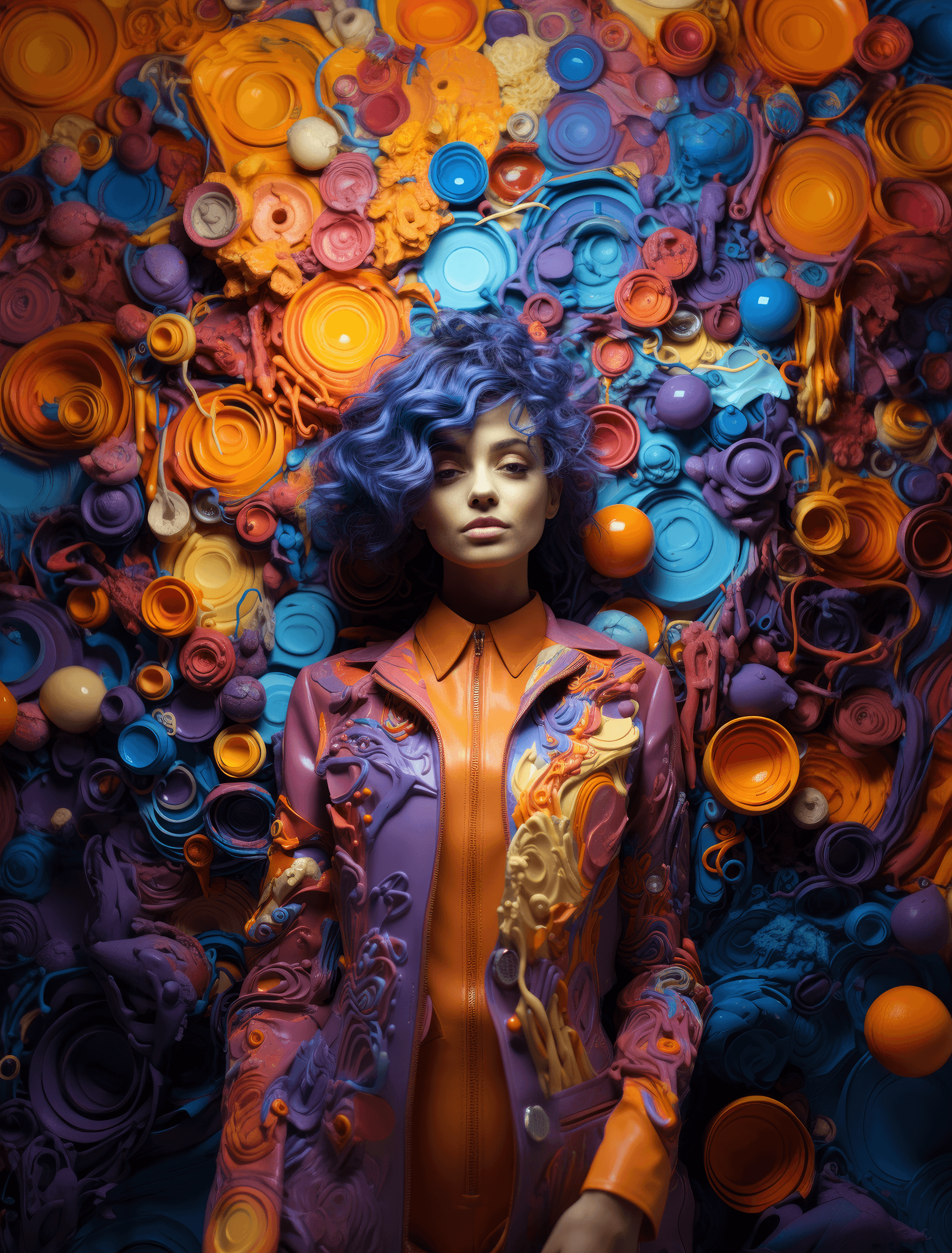 AI generated: there is a woman with many fingers in front of a purple wall, in the style of psychadelic surrealism...