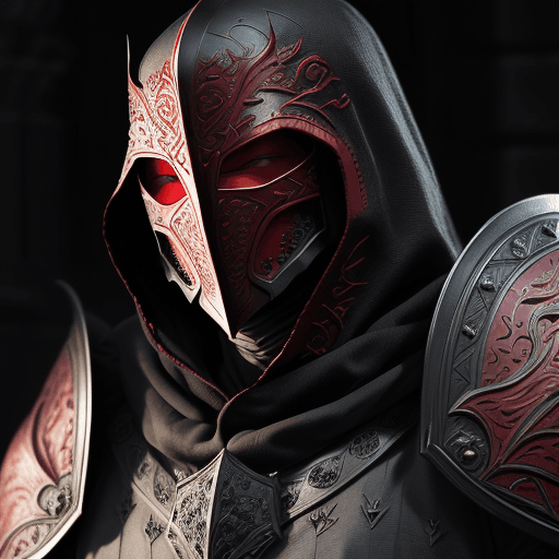 AI generated: closeup of knight from the Middle Ages, with face covered with dark black energy under the dark-red ...