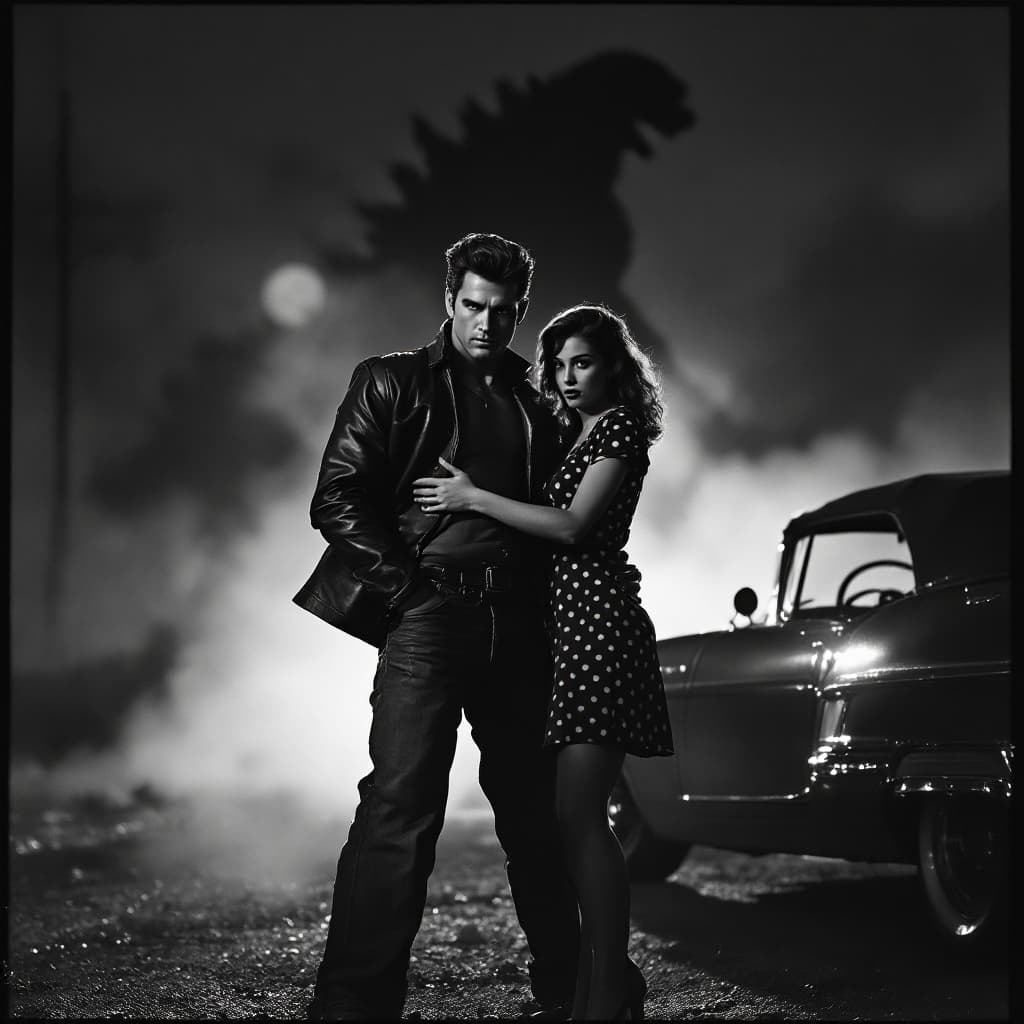 AI generated: "Depict a dramatic black-and-white 1950s action movie scene, photographed in the style of vintage fi...