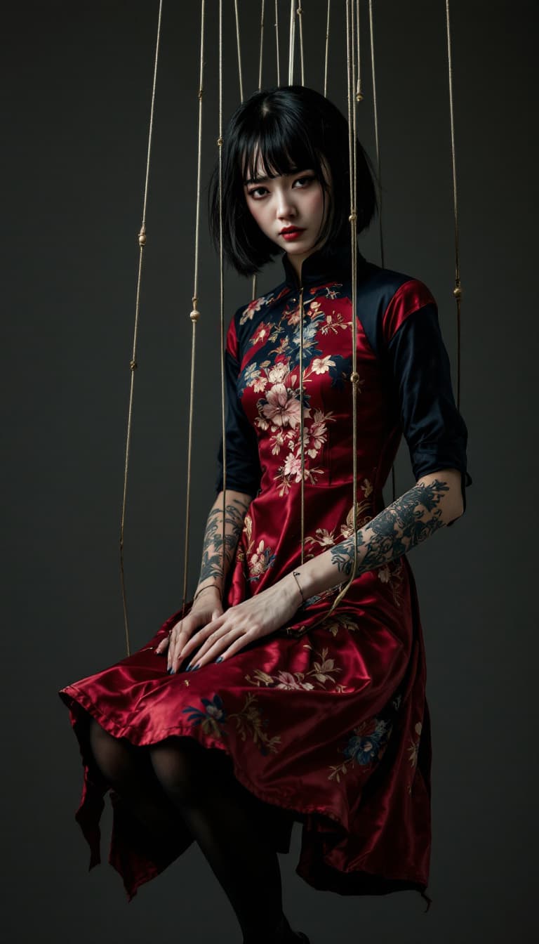 AI generated: Female figure, Asian, young adult, suspended by strings like a full-body puppet and floating. Detail...