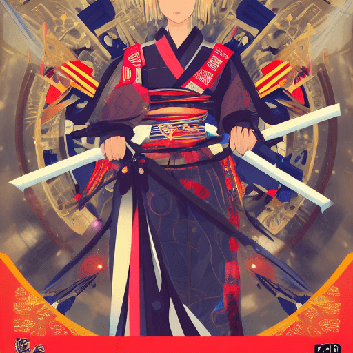 AI generated: young female in a futuristic intricate samurai clothing holding a saber samurai, style movie poster,...