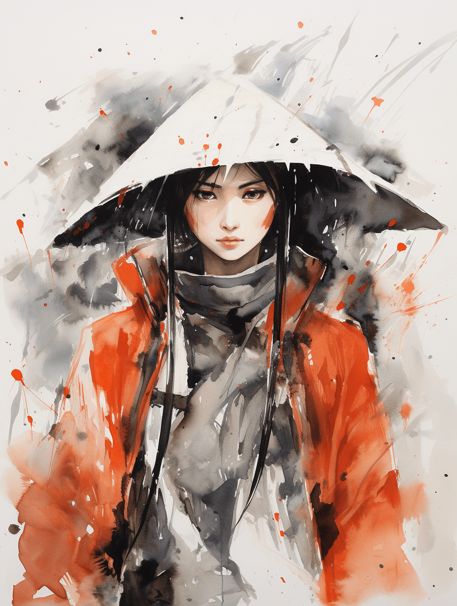 AI generated: in style of Wu Guanzhong, character chart,a Chinese young warrior character,Chinese martial arts cos...