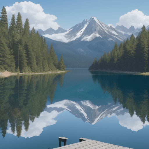 AI generated: A clear, reflective mountain lake surrounded by lush pine forests and towering peaks. The surface of...