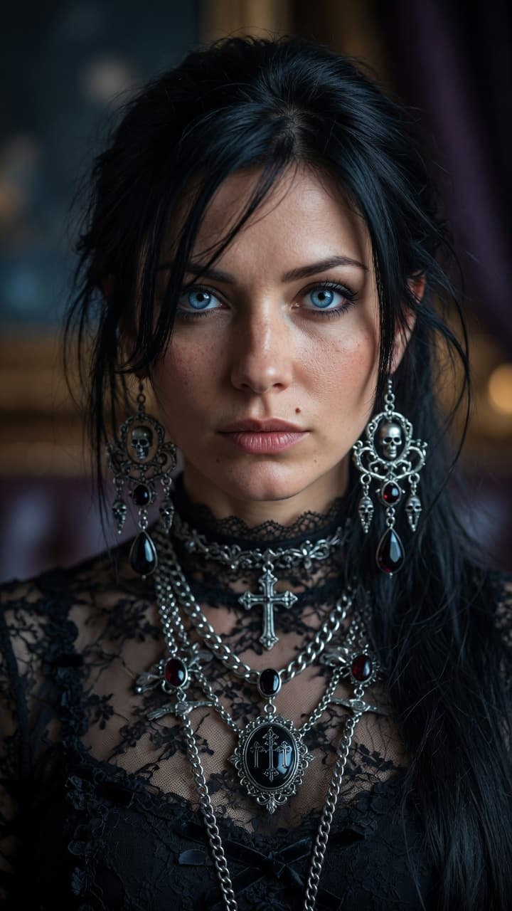 AI generated: Ultra-realistic photography of a beautiful woman with piercing ice-blue eyes, fair skin with hyper-r...