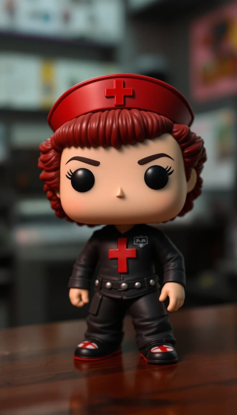 AI generated: funko pop nurse hair shortthe hat with cross red
