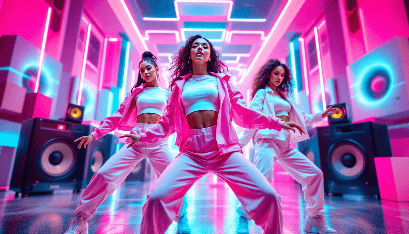 AI generated: Three young Stunning women,  performing dynamic, energetic dance moves.  Colorful, vibrant outfits i...