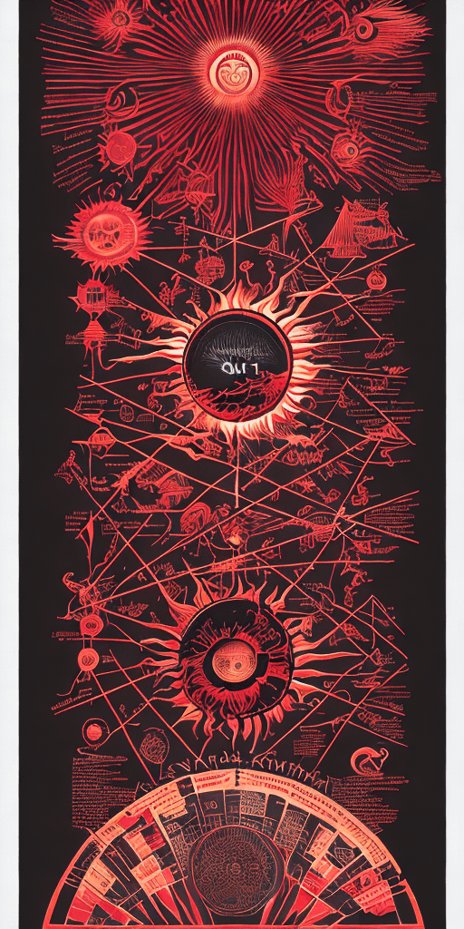 AI generated: crimson infographic of the creation of the sun/chart/schematics/measurements/marginalia/abstract/tar...