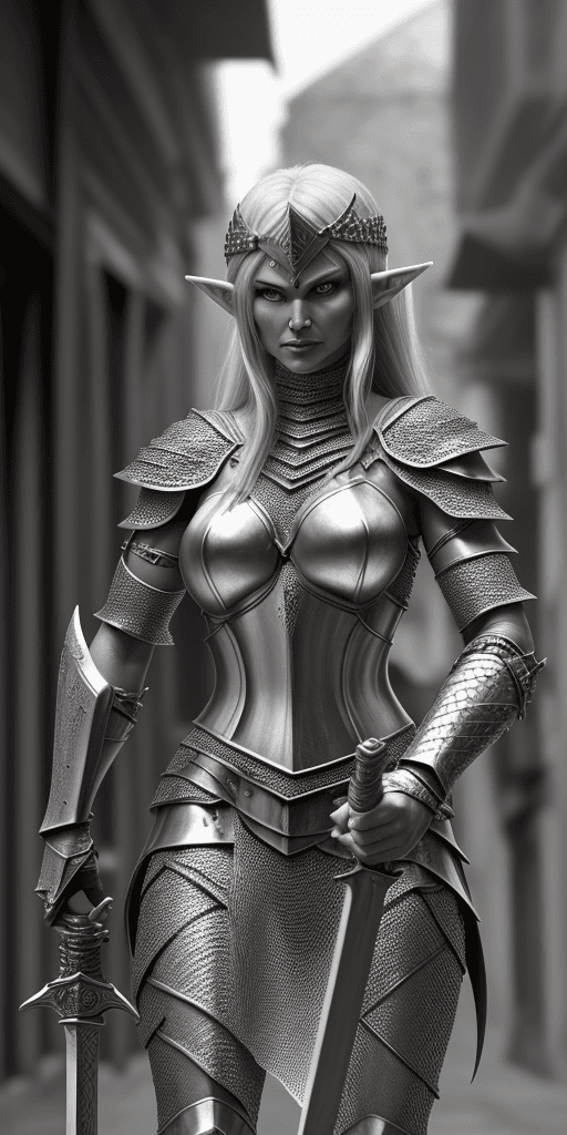 AI generated: Elf, warrior woman in chainmail armor wielding a sword. She is a fierce warrior on the battlefield, ...