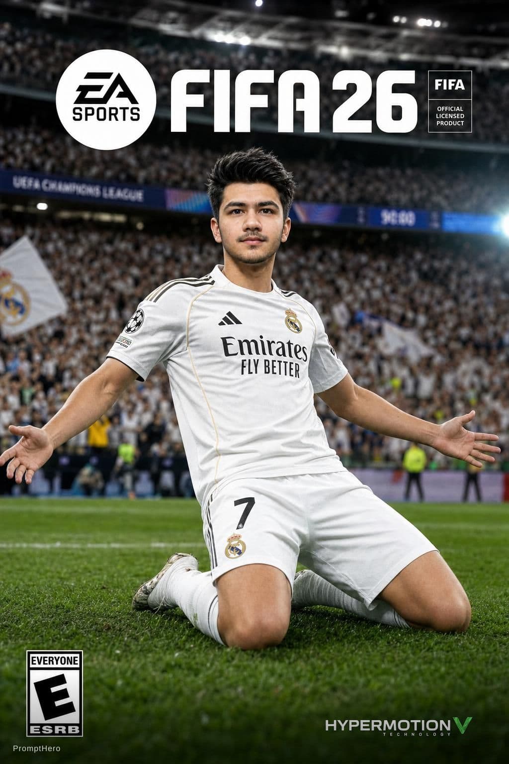 AI generated: Professional FIFA 26 EA Sports game cover photo, [YOUR NAME] wearing 
Real Madrid white jersey numbe...