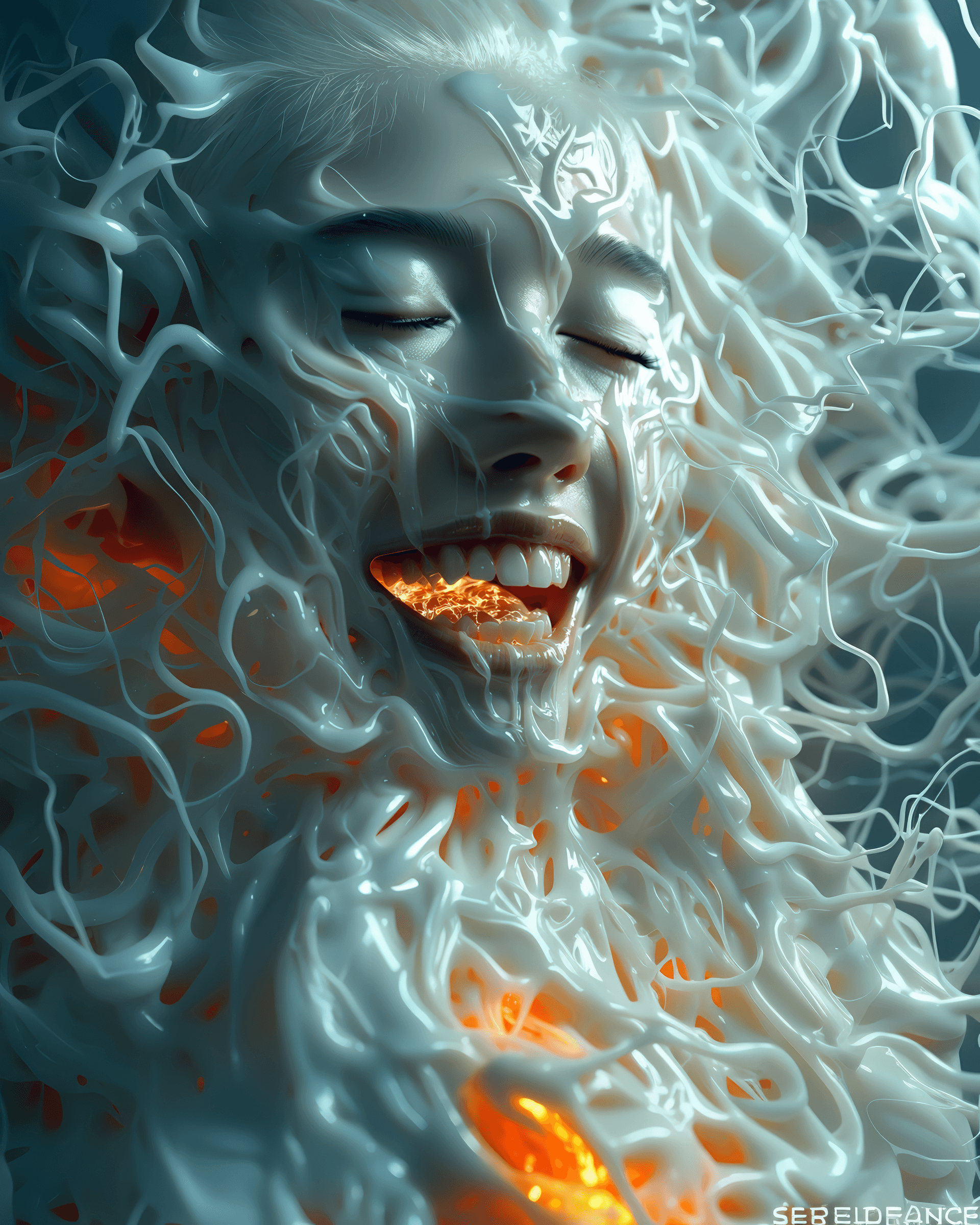 AI generated: she is a screaming mouth on the palm. Beautiful patterns made of lava. funny, White teeth in the sty...