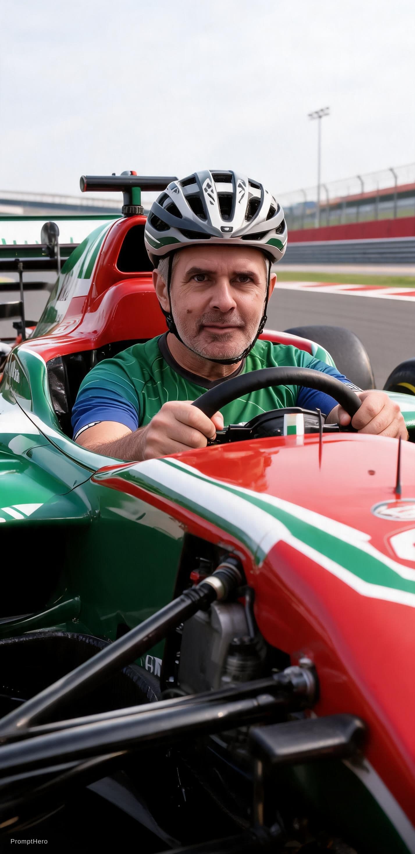 AI generated: put this person in the drivers seat of a formula 1 car, make the helmet a mountain bike helmet