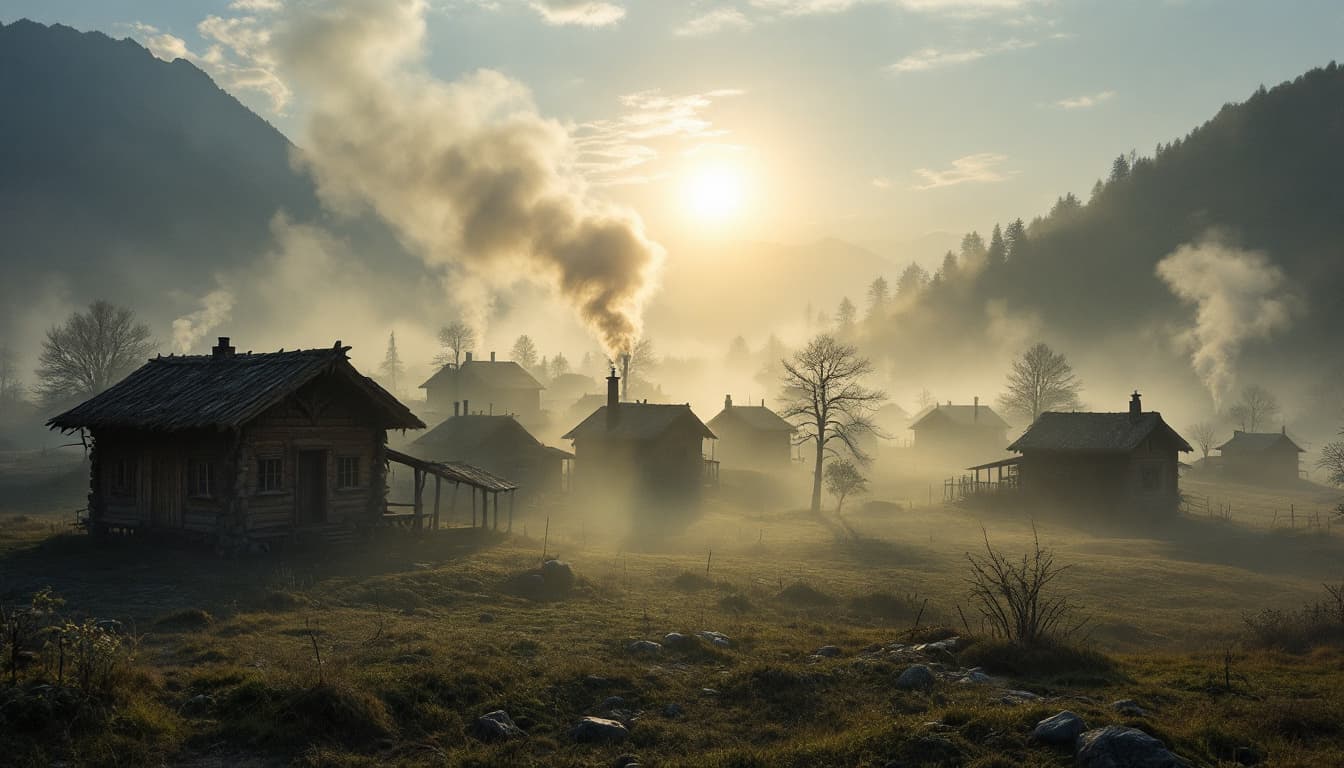 AI generated: Prompt: Wide shot of the Gilani village with wooden houses emerging from the mist, smoke rising from...
