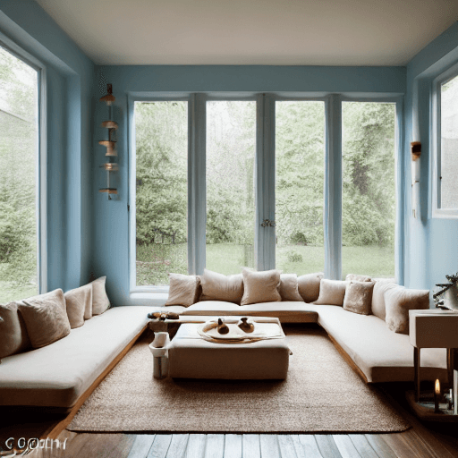 AI generated: High resolution photography interior design, dreamy sunken living room conversation pit, wooden floo...