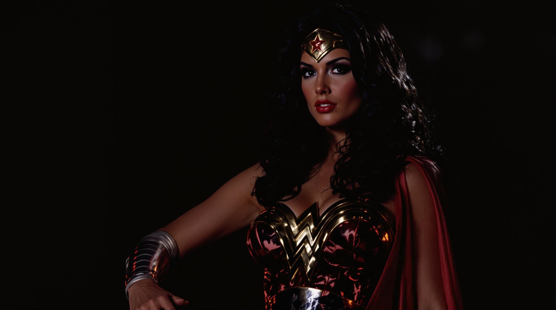 AI generated: 1980's Wonder Woman costume, woman resembling Lynda Carter, striking a heroic pose, dark room ambian...