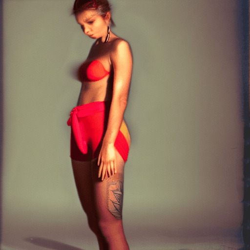 AI generated: Woman standing confidently, deep red bikini, tattoo on collarbone, left hand on hip, right hand on u...