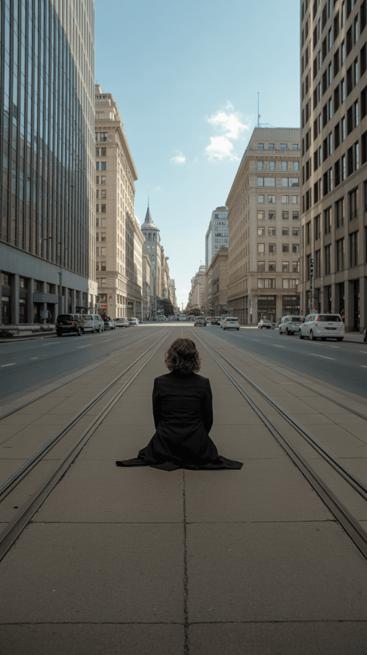 AI generated: still photo of a womansitting in the middle of awide empty city bank,Her back to the camera,symmetri...