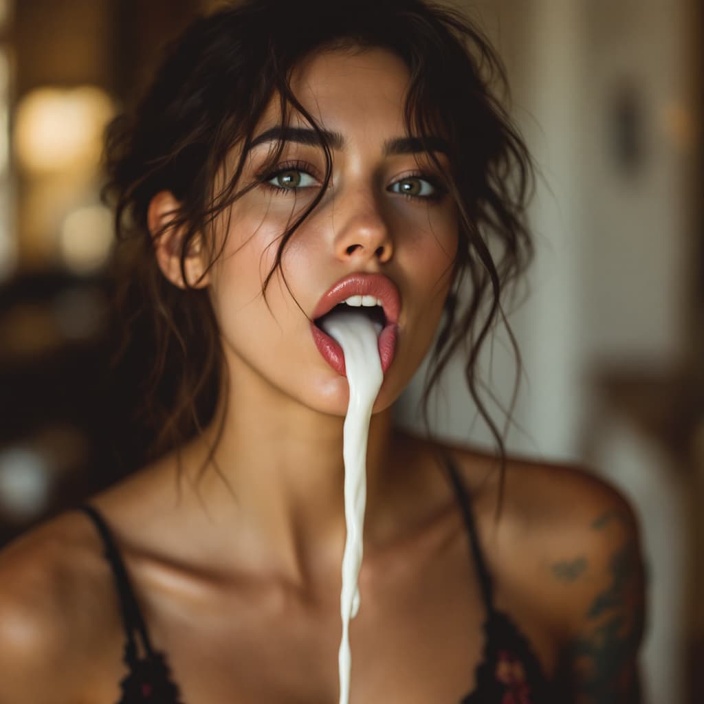 AI generated: Girl in lengerie with Milk in her tongue