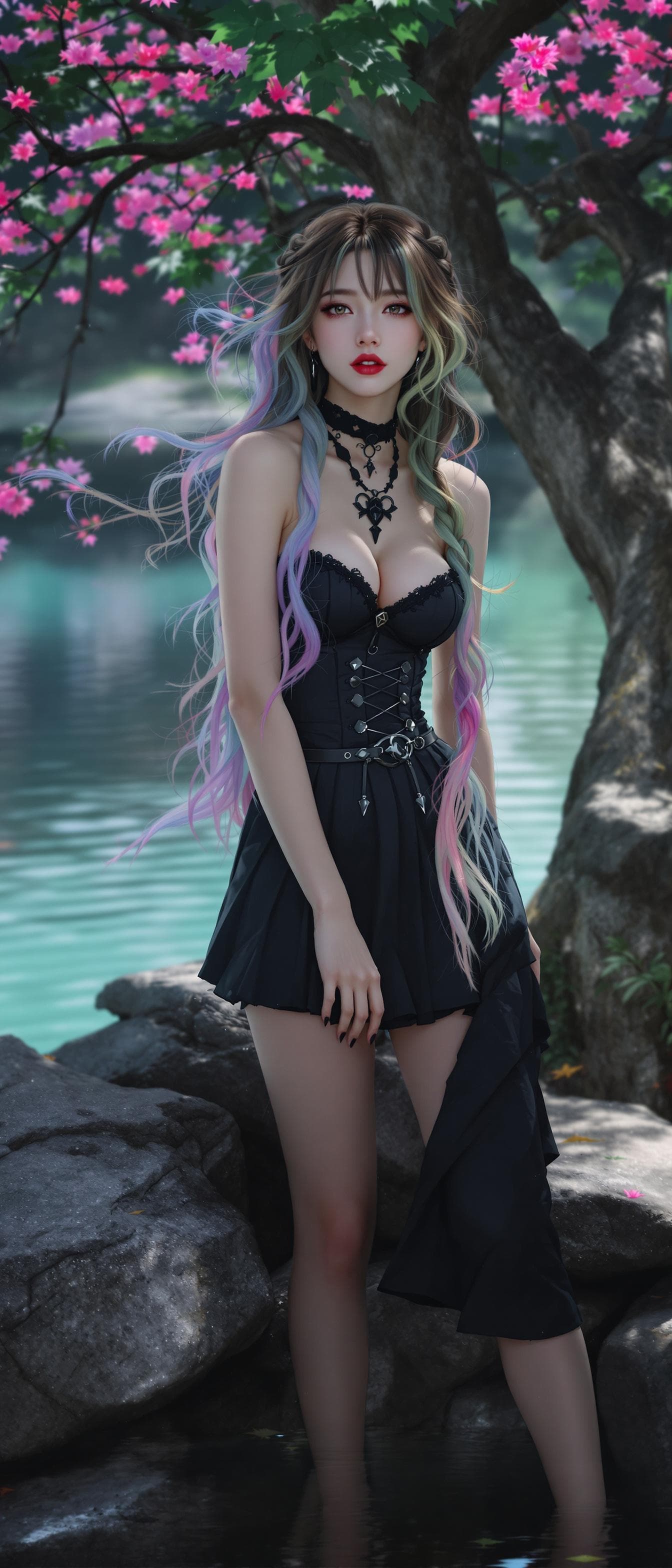 AI generated: hyperrealistic, korean girl, korean ulzzang face, a girl, beautiful, wearing a gothic clothes, strap...