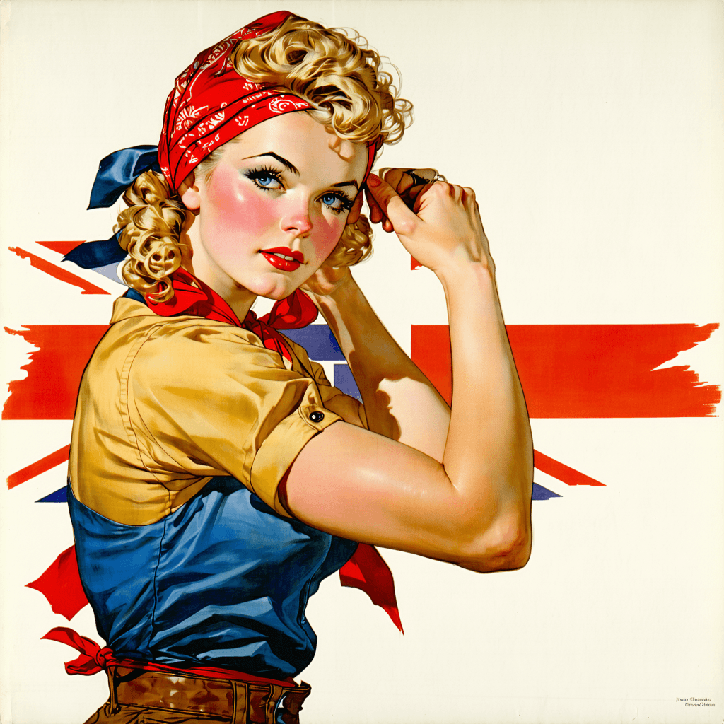 AI generated: Cover art quality illustration by ((Joseph Christian Leyendecker)), a Rosie the Riveter, 3/4 shot, f...