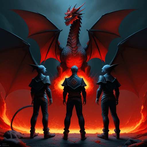 AI generated: three young boys, wearing amour, are standing under a red fire dragon watching other skulls, in the ...