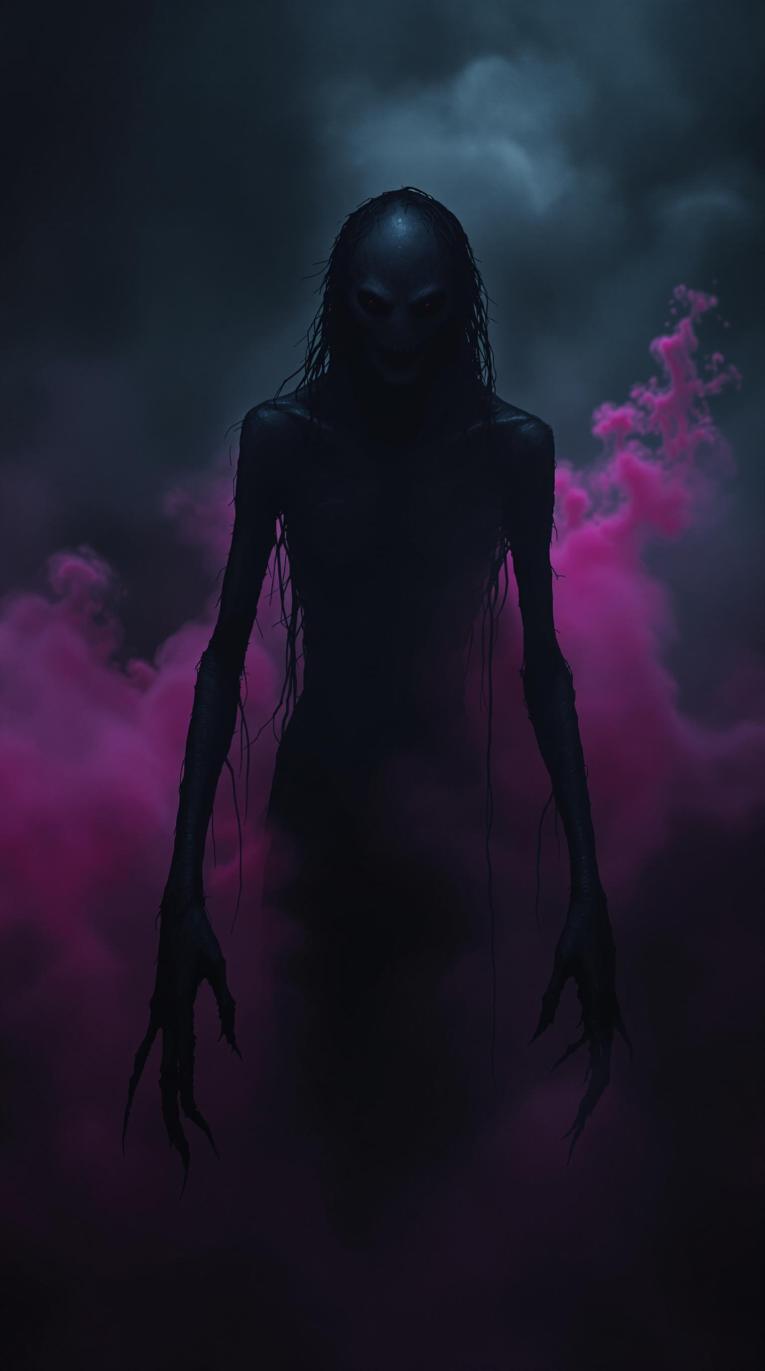 AI generated: The image depicts a dark, eerie figure emerging from a misty, dimly lit environment. The figure appe...