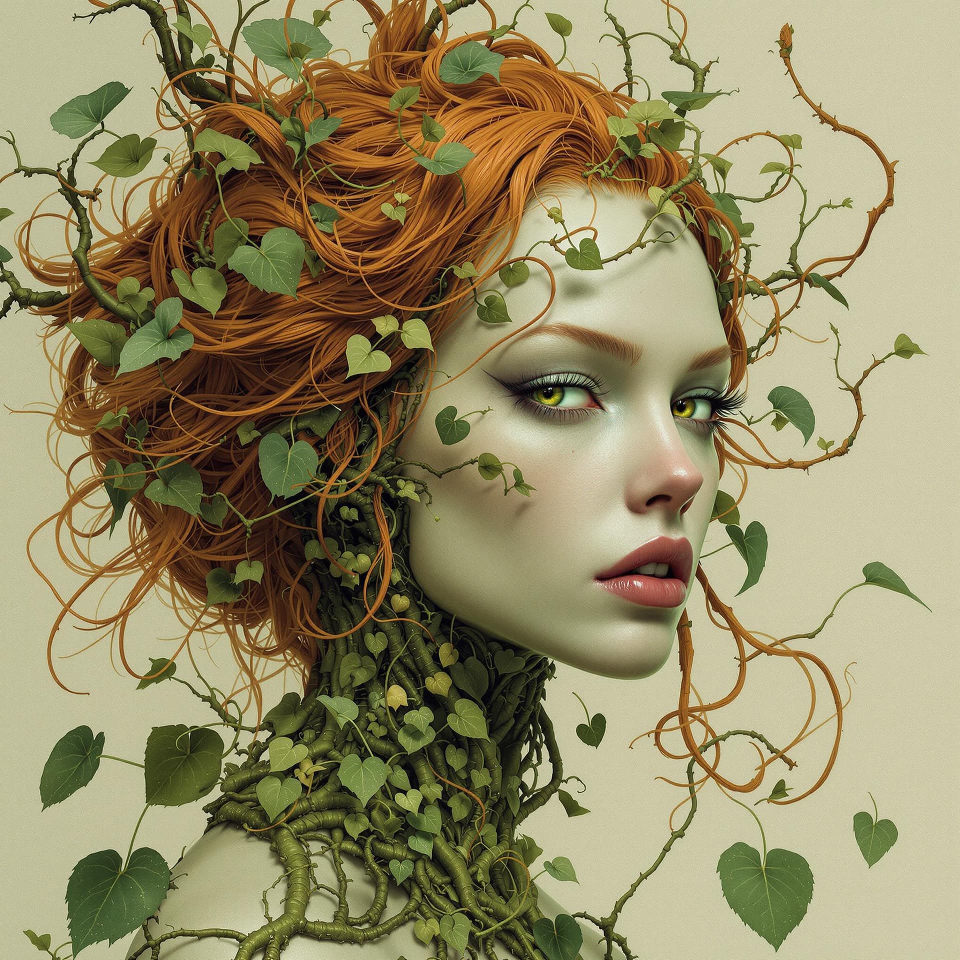 AI generated: hyperreal alien cyborg redhead Poison Ivy art by theo el, in the style of balanced symmetry, light g...